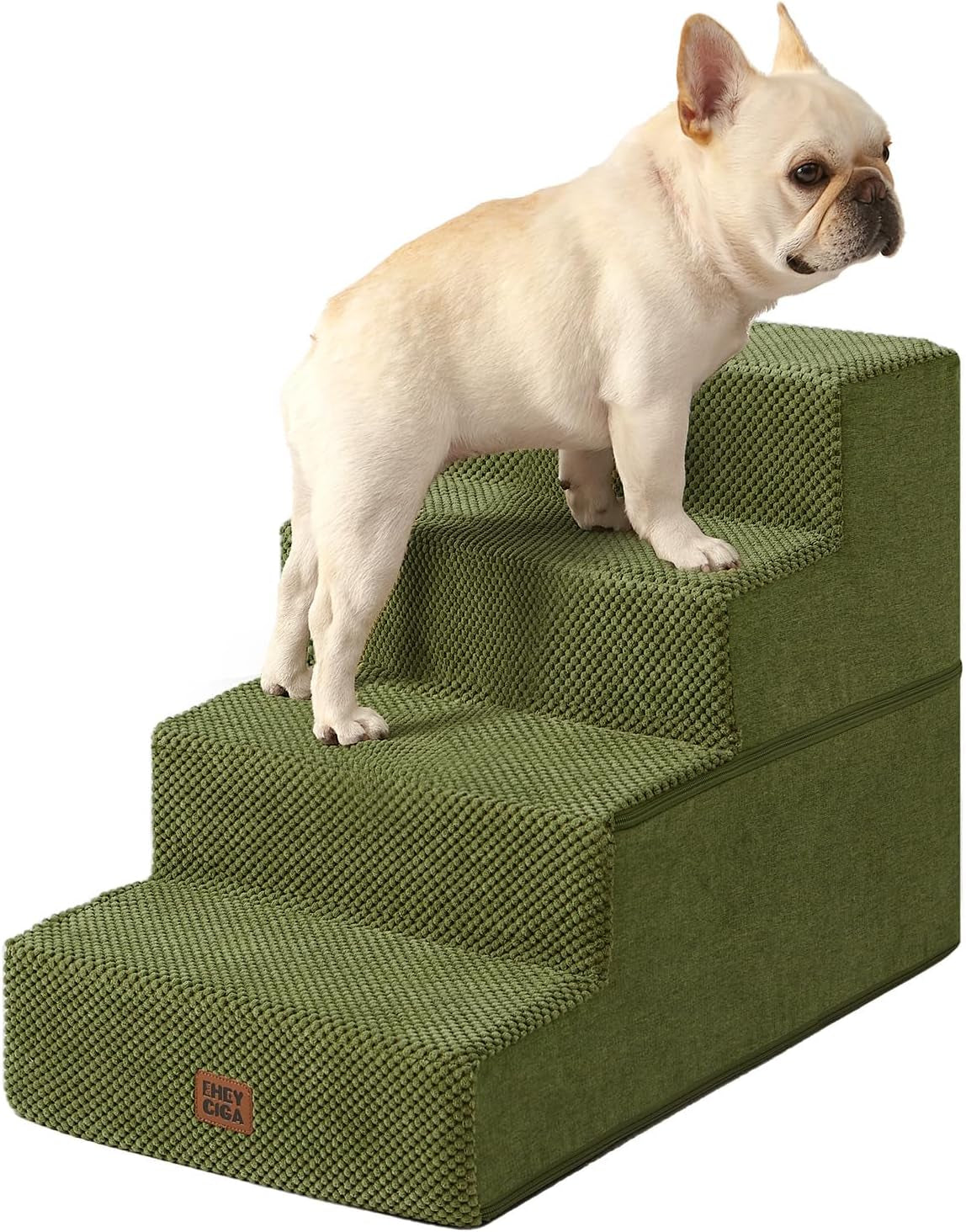 Olive green four-step foam pet stairs shown with a small fawn French bulldog on the middle steps