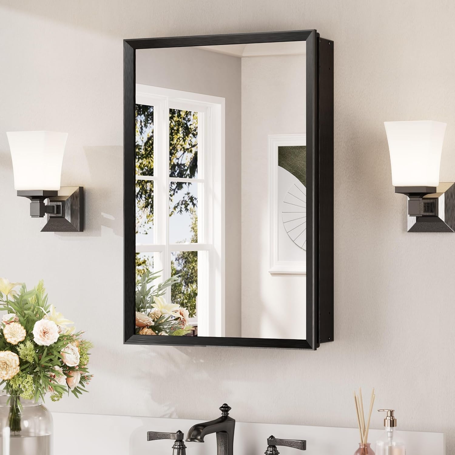 Angled side view of a black-framed mirrored cabinet showing its depth and one mirrored door