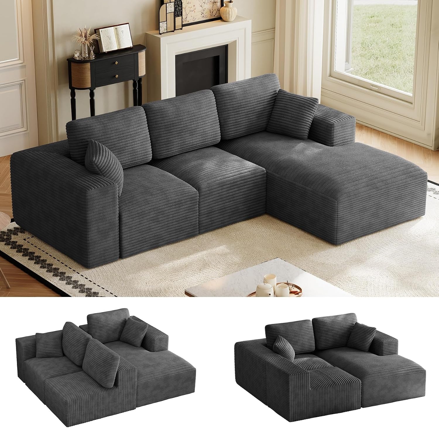 Dark gray L-shaped modular sectional with chaise in a living room, plus two small module arrangement thumbnails below.