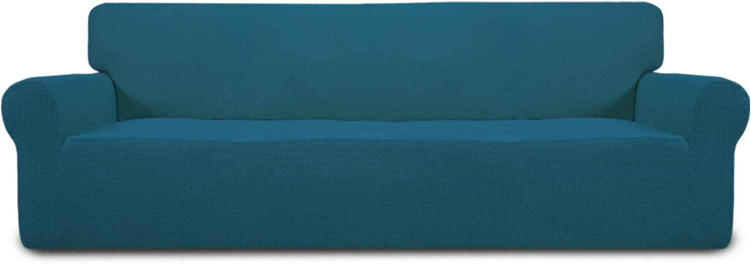 Cropped front view of a teal loveseat cover stretched smoothly over rounded arms and seat base.