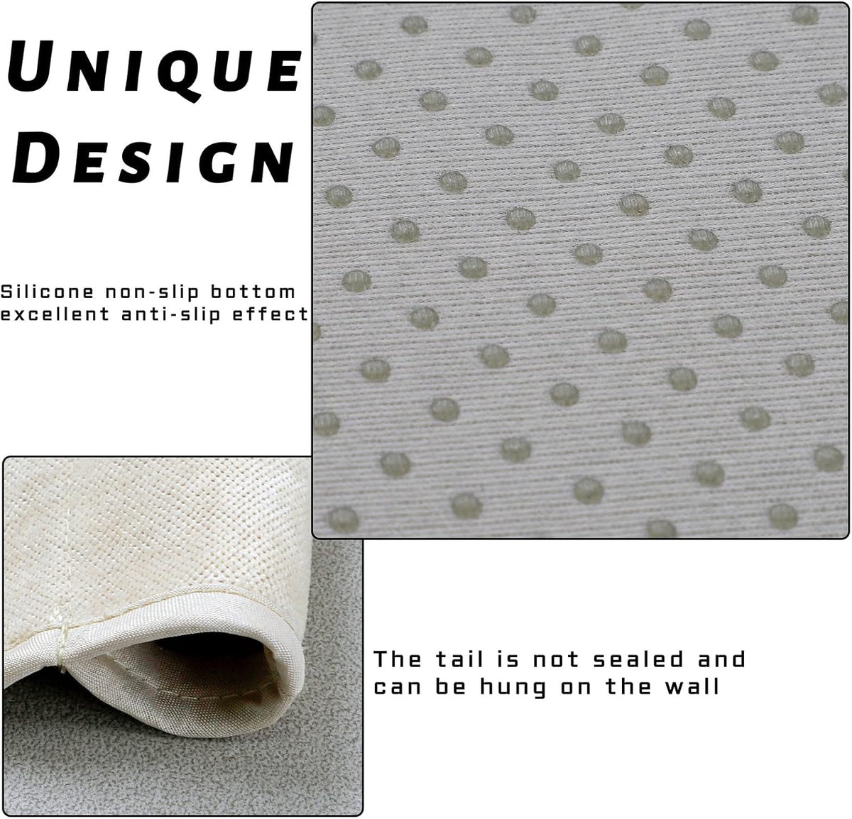 Close-up of silicone non-slip dot backing and rolled tail showing hanging option
