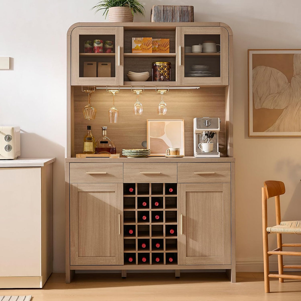 Straight-on full view of the pantry and wine bar cabinet in an interior setting showing glass-front upper hutch and lower cup