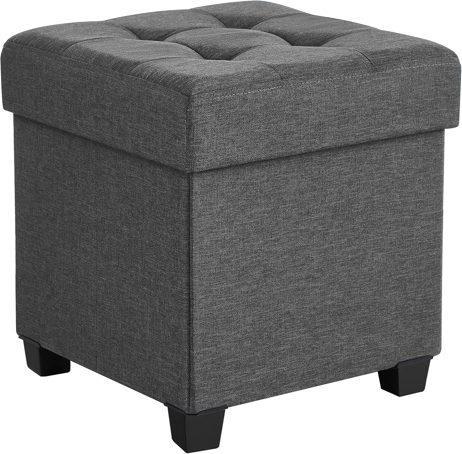 Dark gray linen-look square storage ottoman angled front view showing tufted top and plastic feet