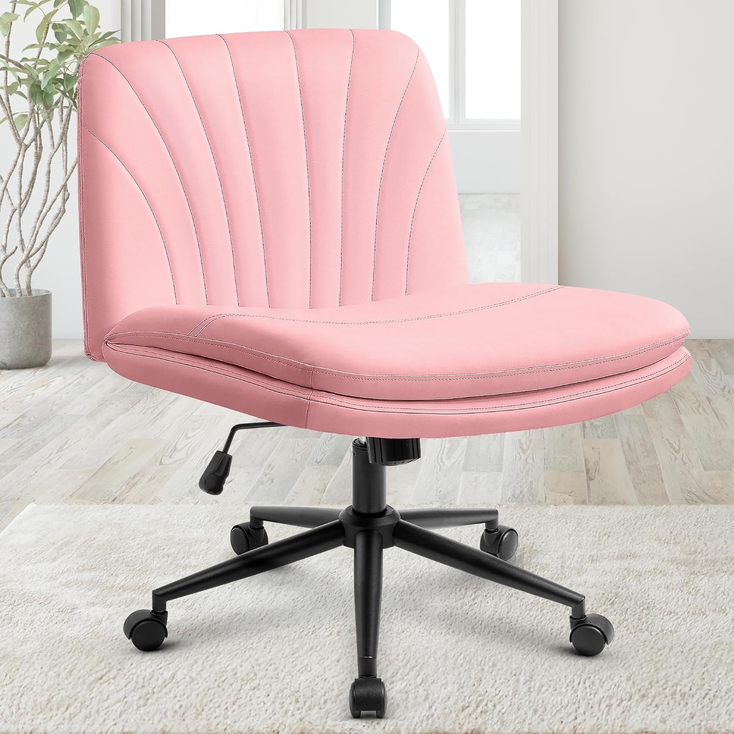 Orange Factory Criss Cross Chair, Wide Fabric Vanity Desk Seat, Beige Wheel | Cross-Legged with 360°, gallery view 19
