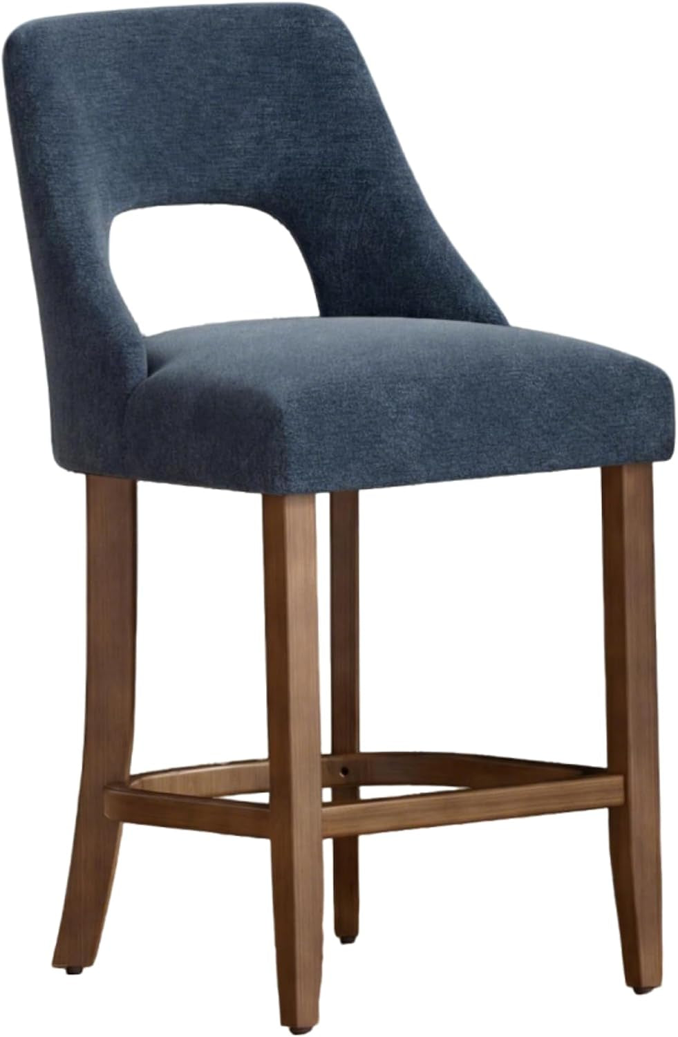 Single blue upholstered counter stool shown in profile with wood-finish legs
