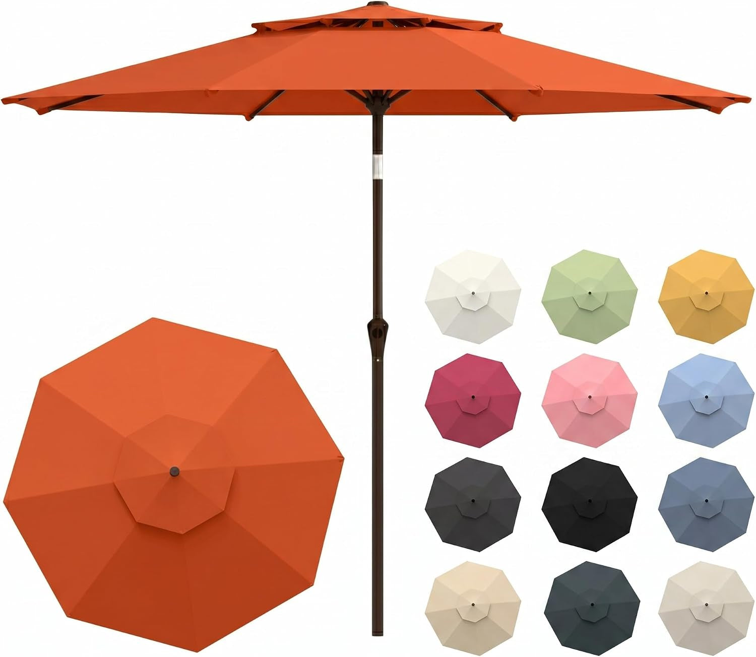 Orange patio umbrella standing open with a top-down insert at left and a column of small color swatches to the right.