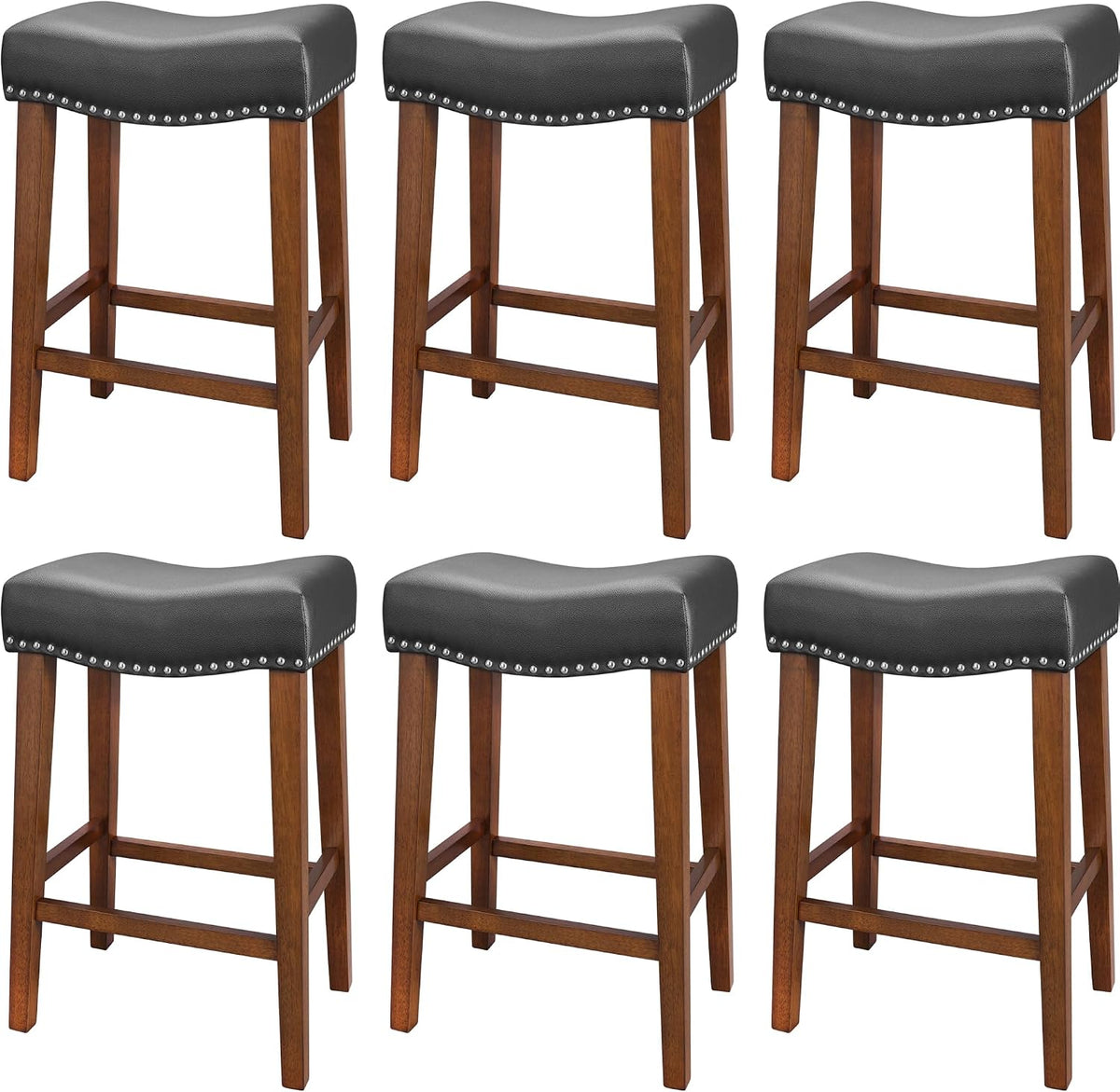Six backless wooden counter stools with dark gray saddle seats and nailhead trim on a white background.