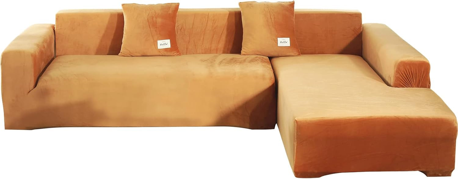 Warm mustard velvet L-shaped slipcover front view with right-side chaise and two square pillows