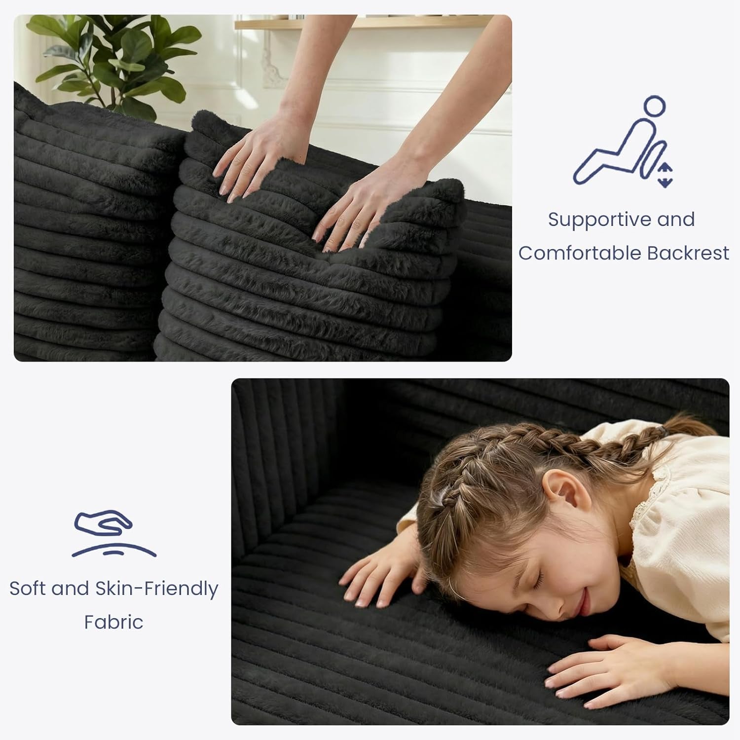 3-In-1 Convertible Sofa Bed: Boneless Loveseat Sleeper & Folding Couch Bed with 4 Pillows & Detachable Cushion,Furry Futon Couch for Bedroom,Apartment,Office and Living Room, No Assembly,Black
