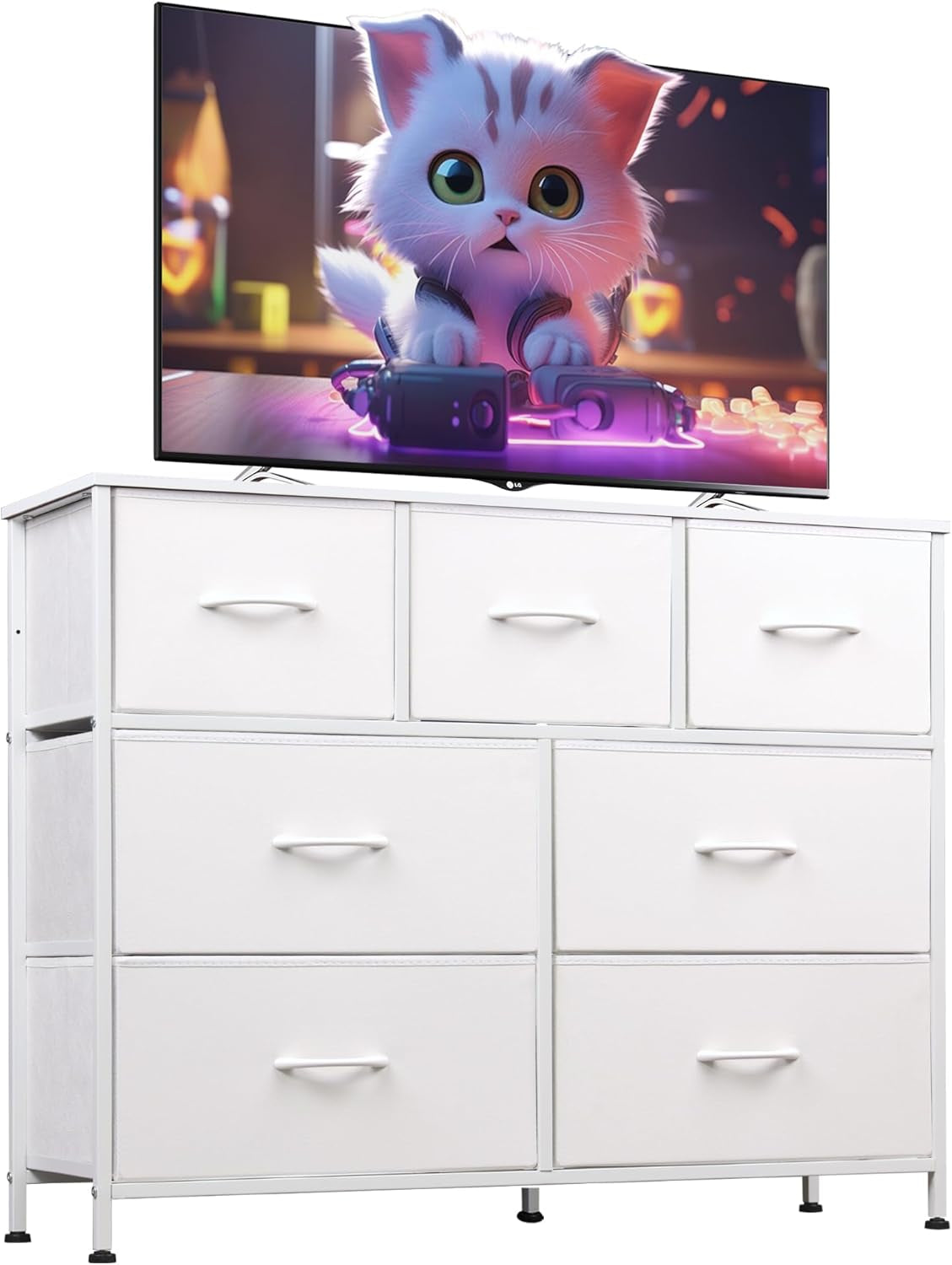 White seven-drawer dresser beneath a television, front view