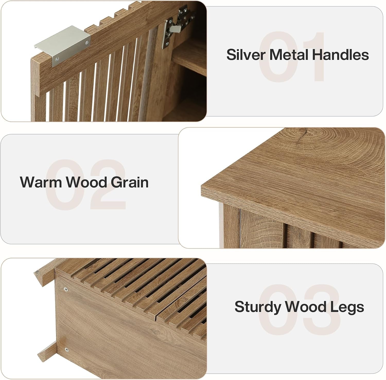 Three close detail shots of cabinet parts: metal handle, wood grain top, and slatted top with legs