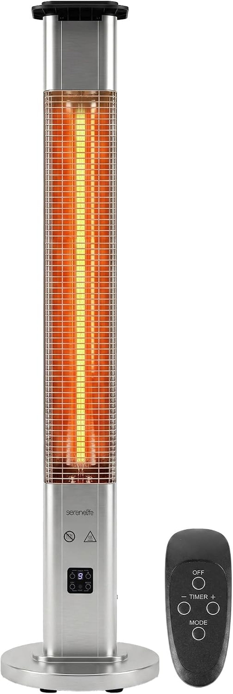 Tall silver infrared patio heater with illuminated vertical heating element and handheld remote, front view