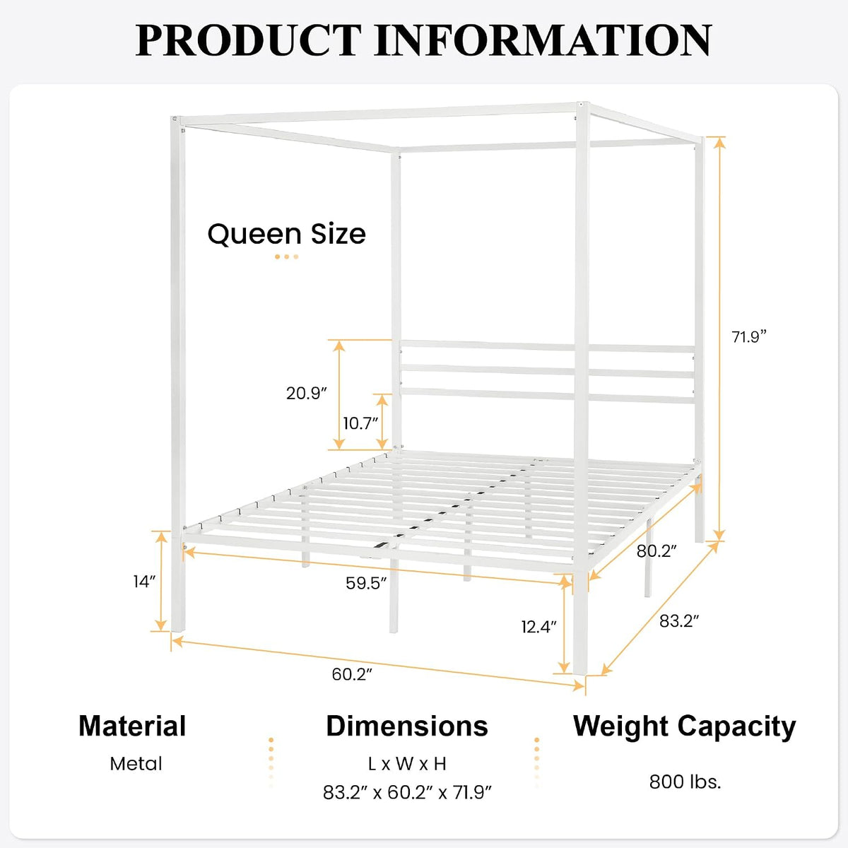 Dimension diagram illustration of the white canopy bed showing measured frame, slats and overall height and length.