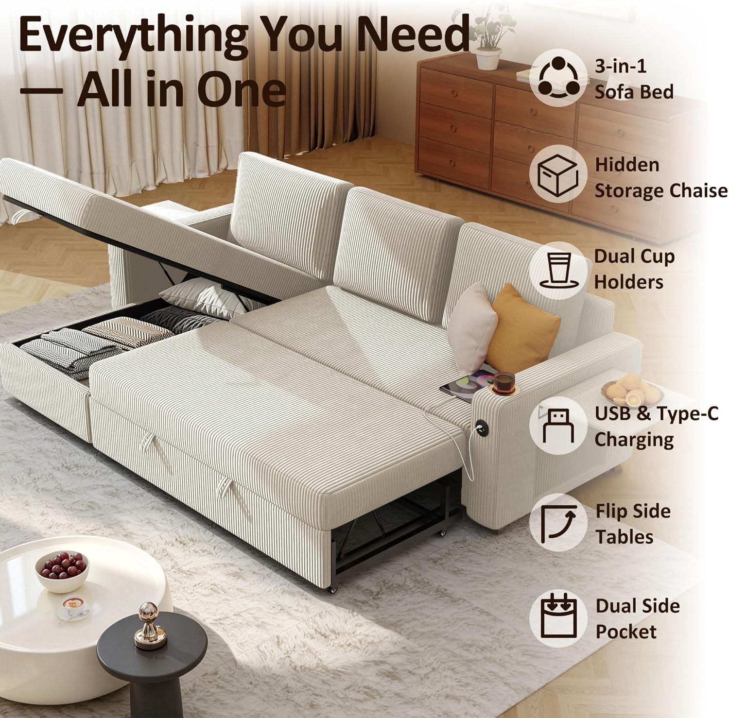 Beige sectional sleeper fully converted to bed with icons for cup holders, USB/Type-C charging and flip side tables