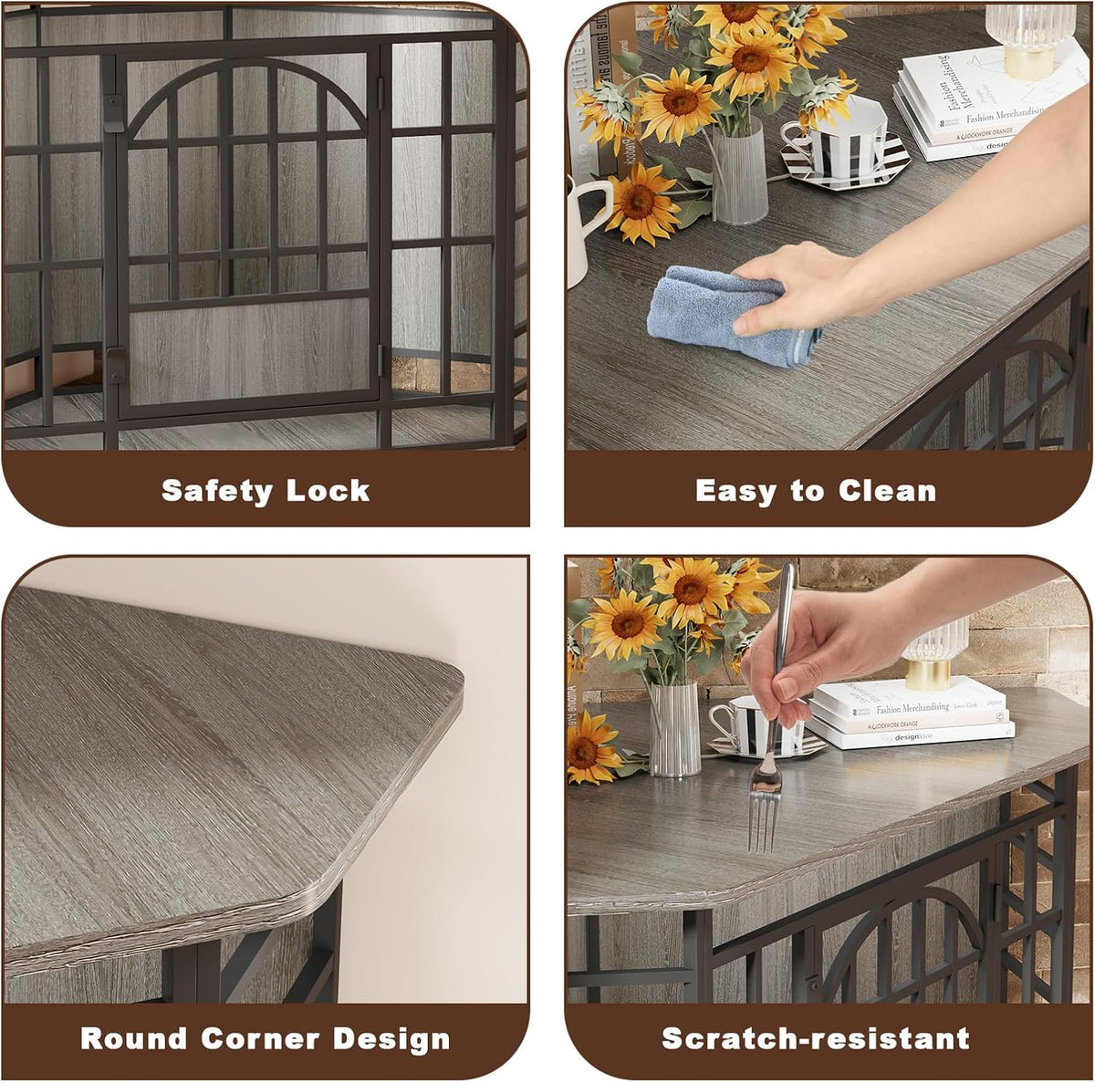 Four-panel detail grid showing the grey wood-top surface, rounded corner, and a hand wiping the tabletop to illustrate easy‑c