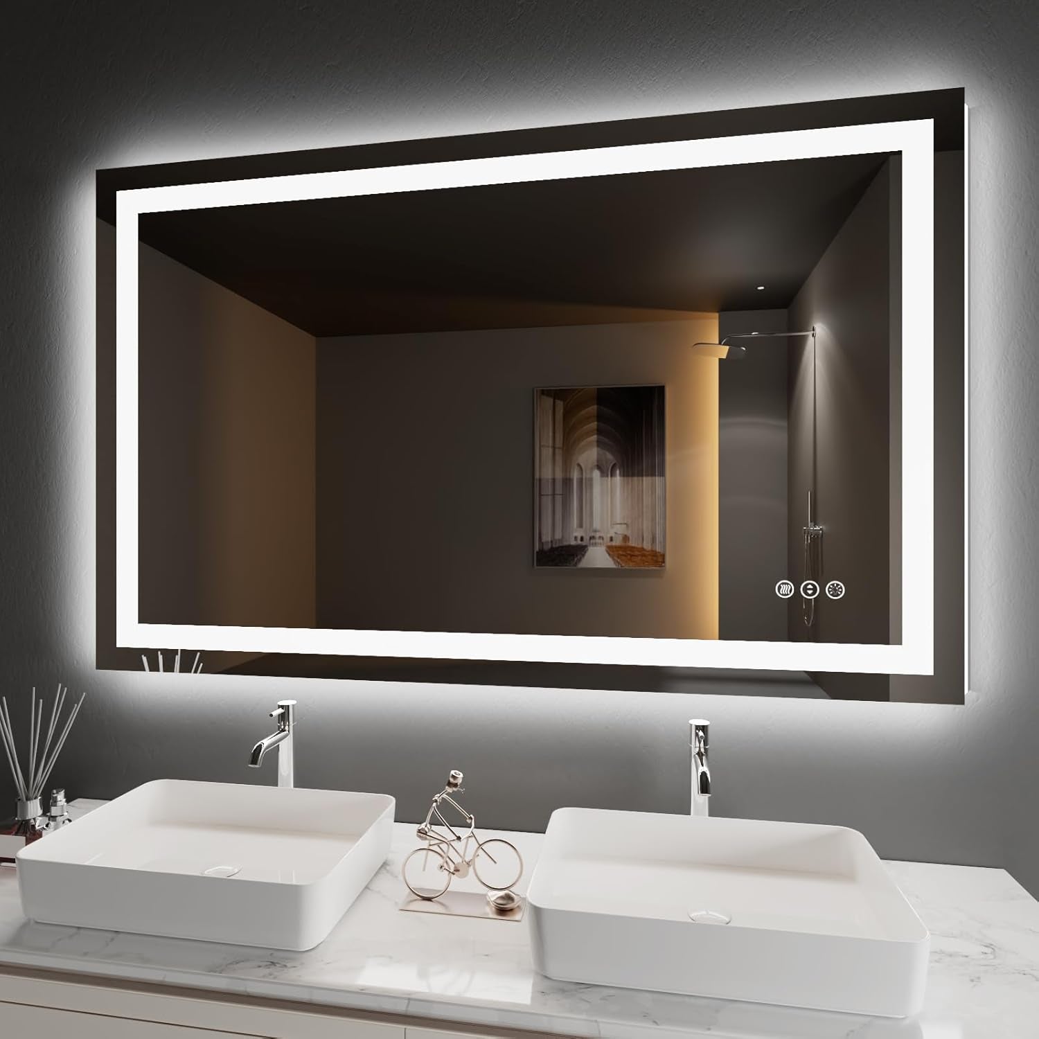Large rectangular LED mirror above double sinks, glowing front and backlight in a modern bathroom.