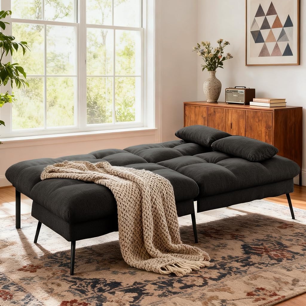 Black futon sofa bed flat view showing 72" length and 17.32" bed height measurements