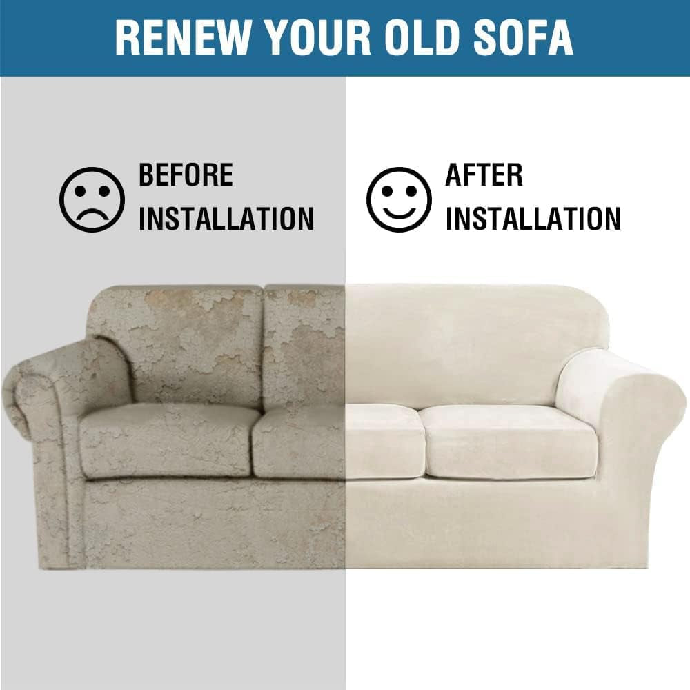 Split image: left shows a worn, damaged sofa; right shows the same sofa renewed with a smooth beige slipcover.
