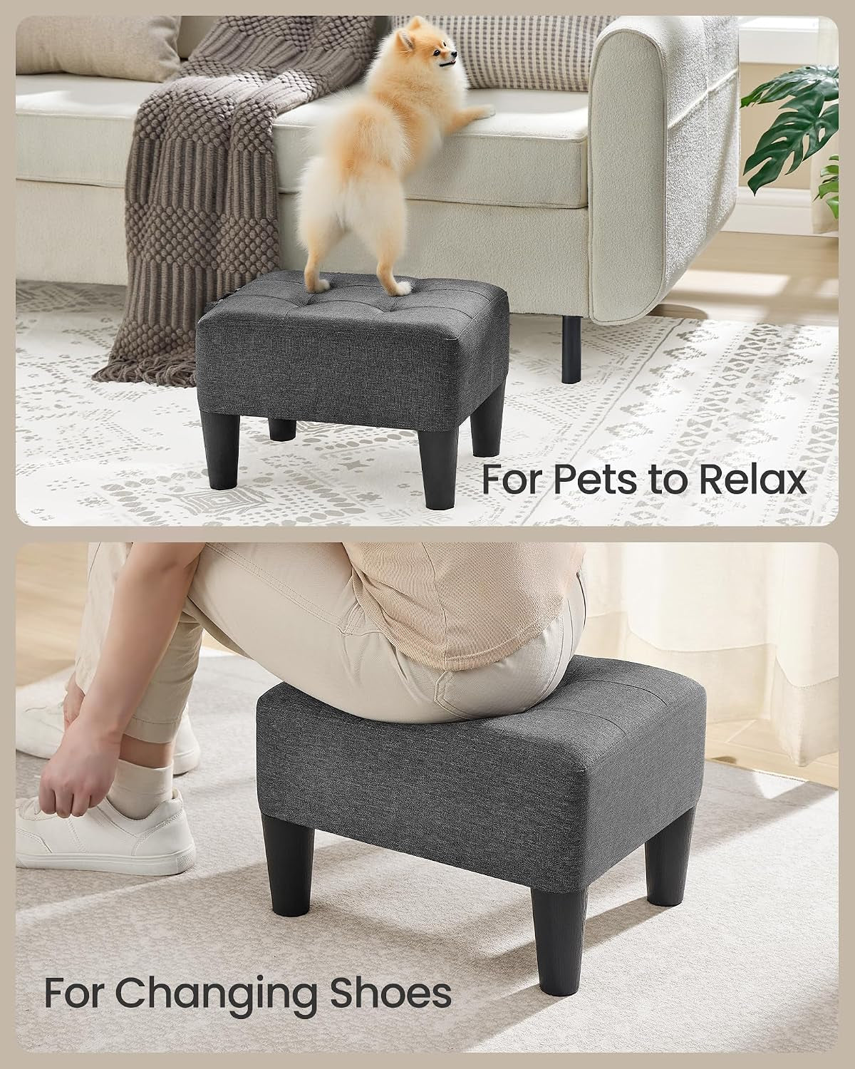 Dark gray ottoman shown in a living room with a small dog standing on top to illustrate pet use