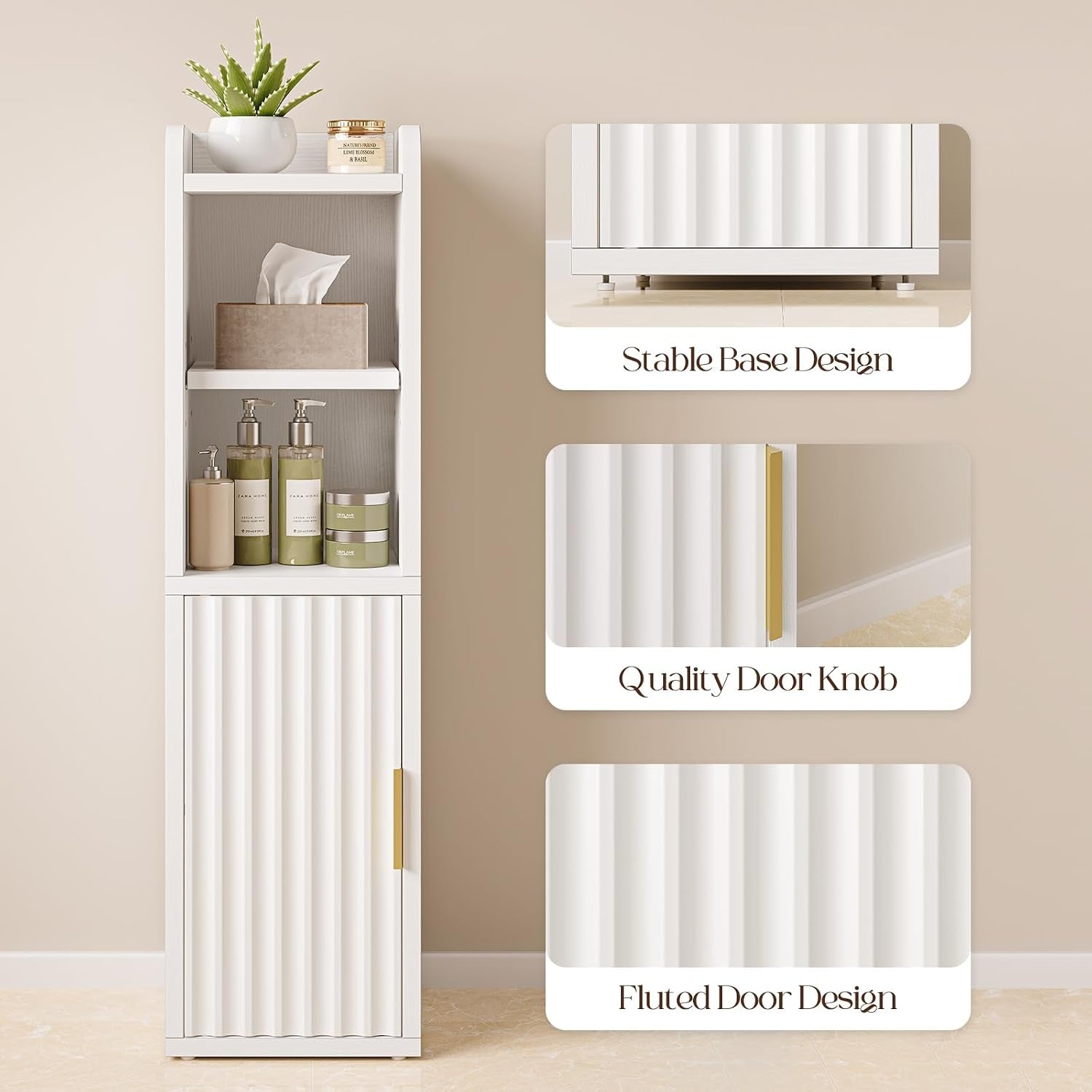 Single tall white cabinet with fluted door and inset callouts showing base, gold handle, and fluted door texture.