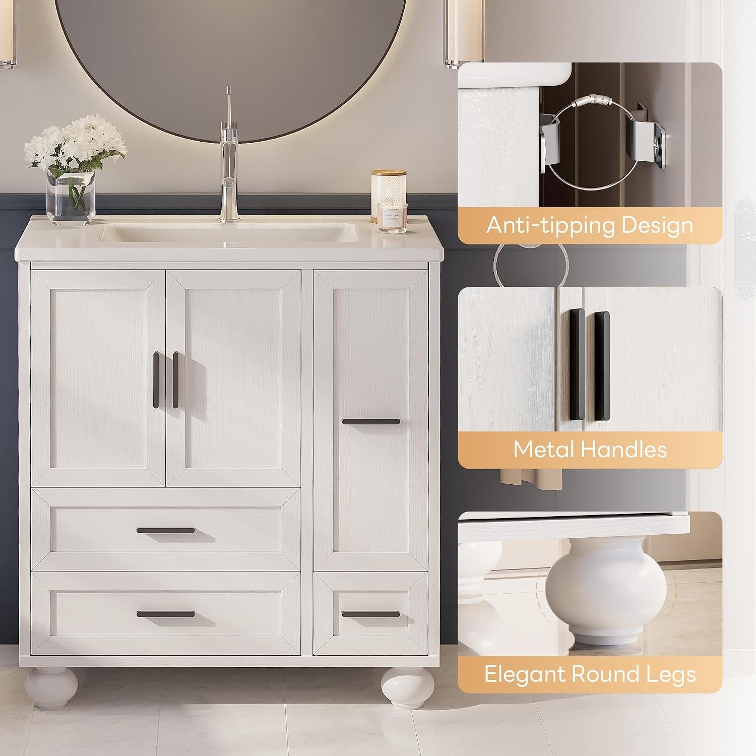 Front-facing vanity with inset callouts showing anti-tipping bracket, metal handles, and round painted legs.