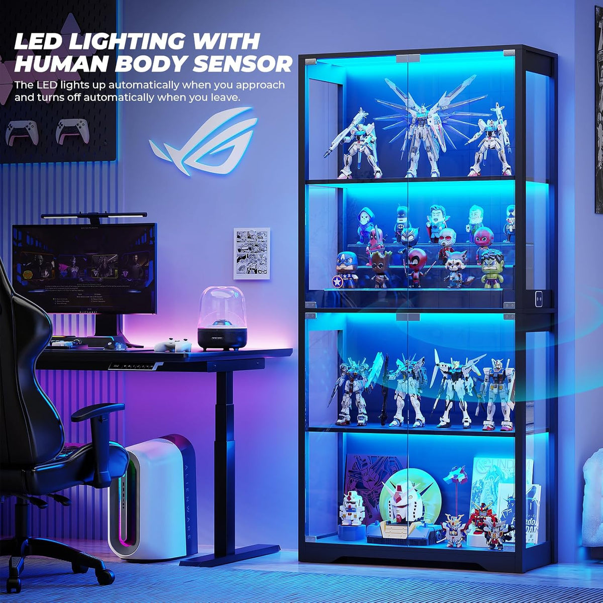 Black glass display cabinet lit blue standing next to a gaming desk and chair, filled with action figures and model robots.