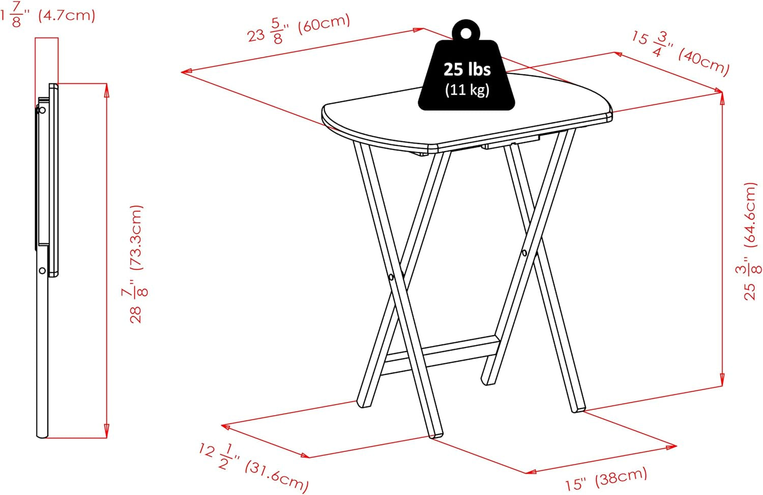 Technical diagram showing table dimensions, folded profile and 25 lb weight capacity markings