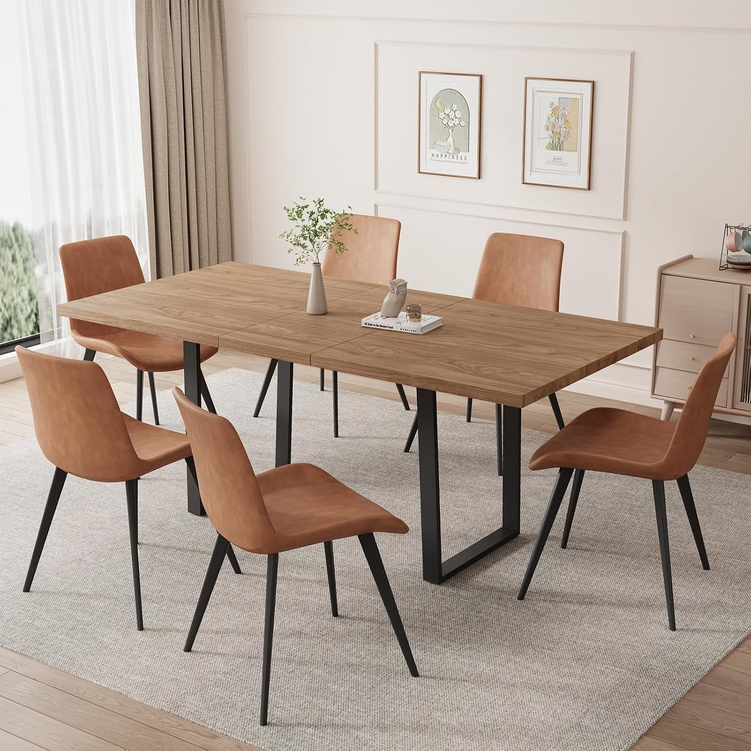 Warm medium wood table with six cognac brown leather-look chairs and black metal legs.