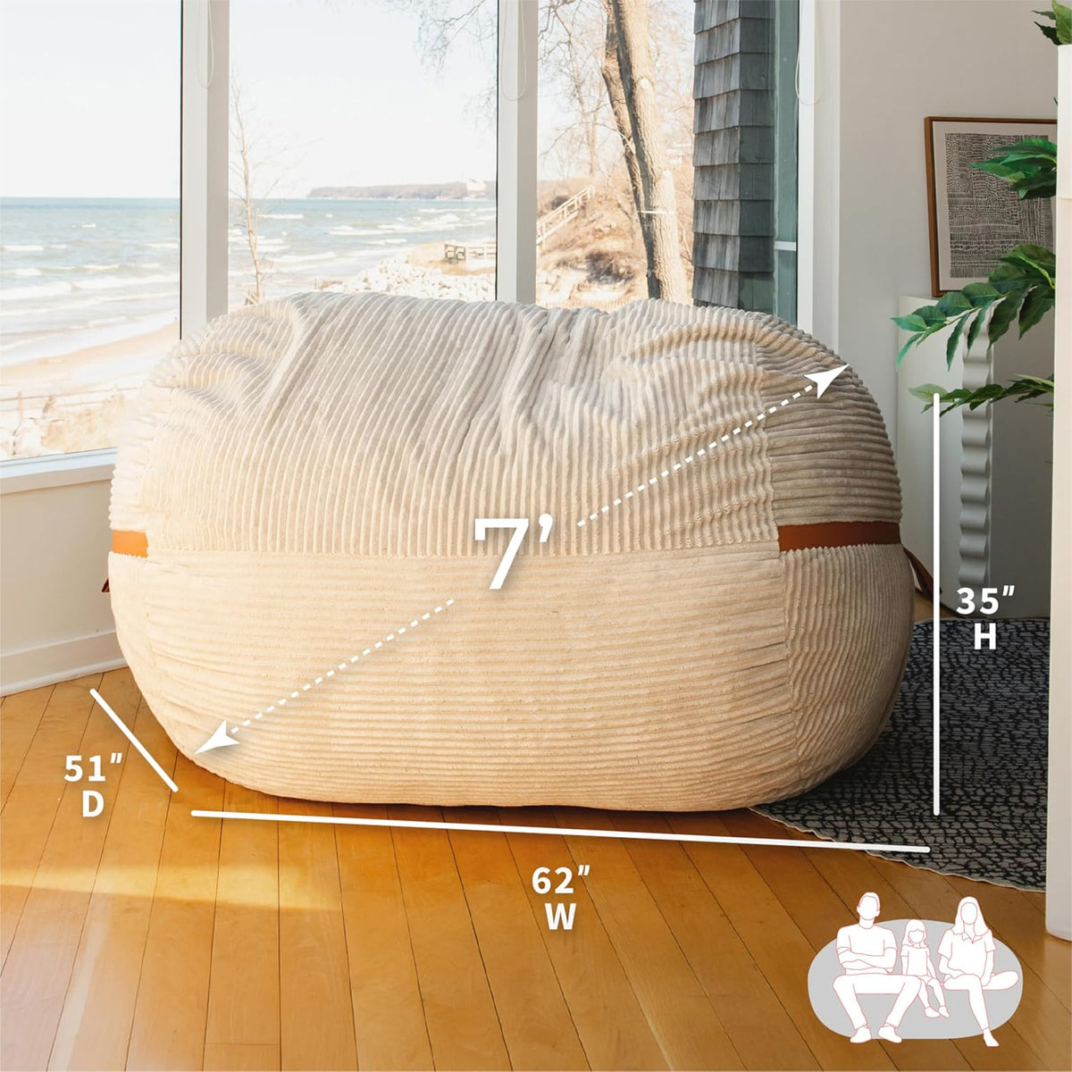 Beige corded-plush lounger showing dimensions overlay for the 7-foot size (62" W, 51" D, 35" H)