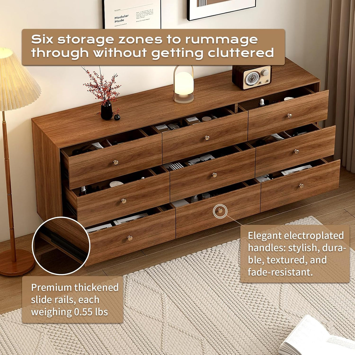 Dresser with multiple drawers open showing partitioned internal storage and smooth drawer slides