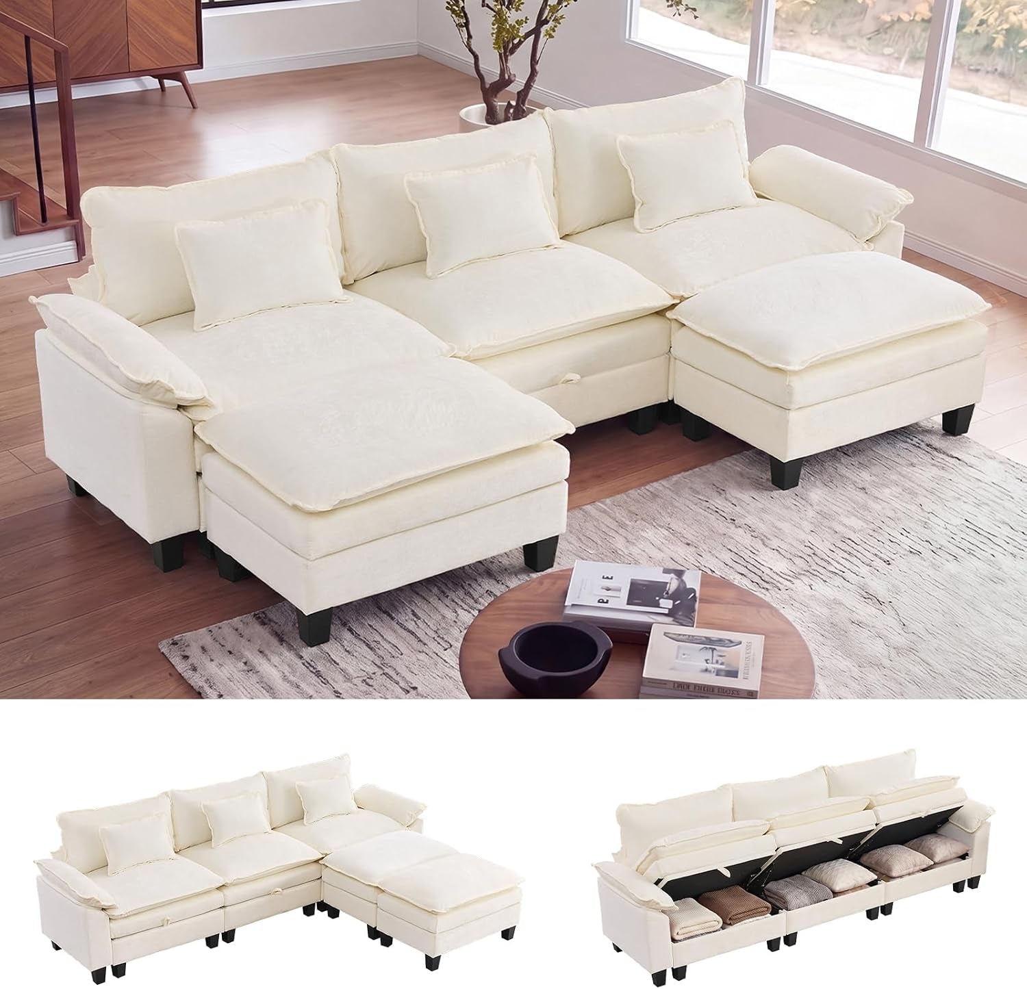 Cream-colored modular sectional with ottoman shown in a light living room; inset images show alternate layout and under-seat