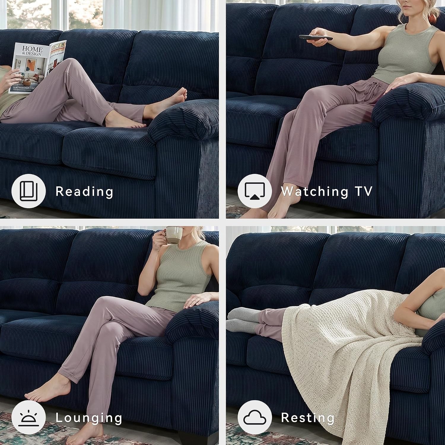 Signature Design by Ashley Sofa, 83-In Navy Corduroy, Anti-Sag Platform | No Assembly Required, Anti-Sag Platform Foundation, Plush Fiber-Wrapped Foam Cushions, Fits 32-In Doorways, Simplejoy Series