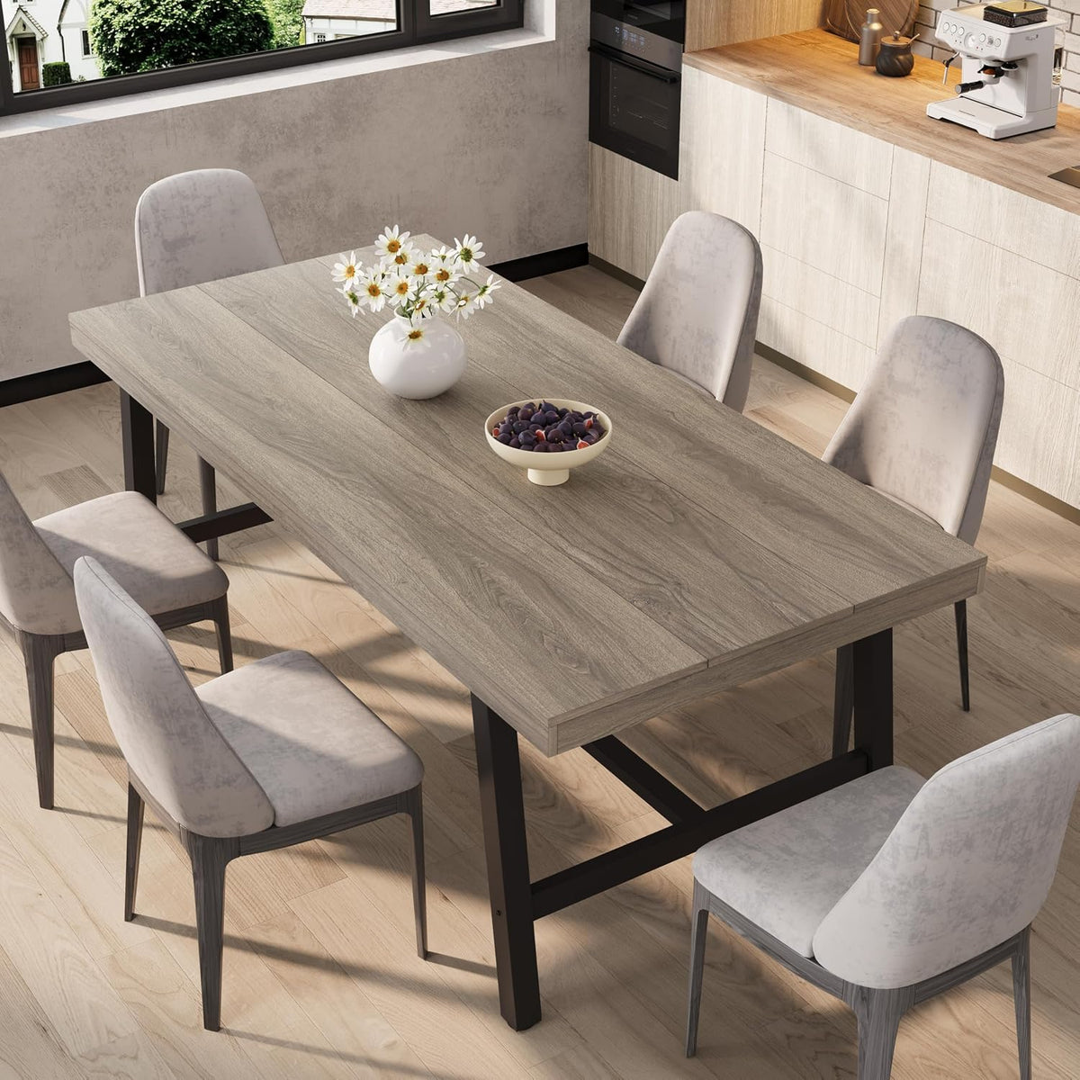 Gray-toned wood tabletop shown with paired chairs and black metal base visible underneath.
