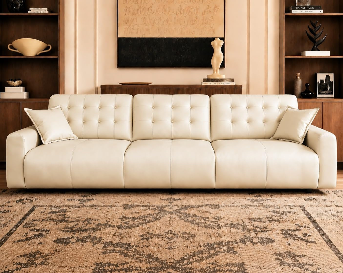 Beige PU leather three-seat sectional sofa front view with tufted back cushions and two throw pillows in a living room