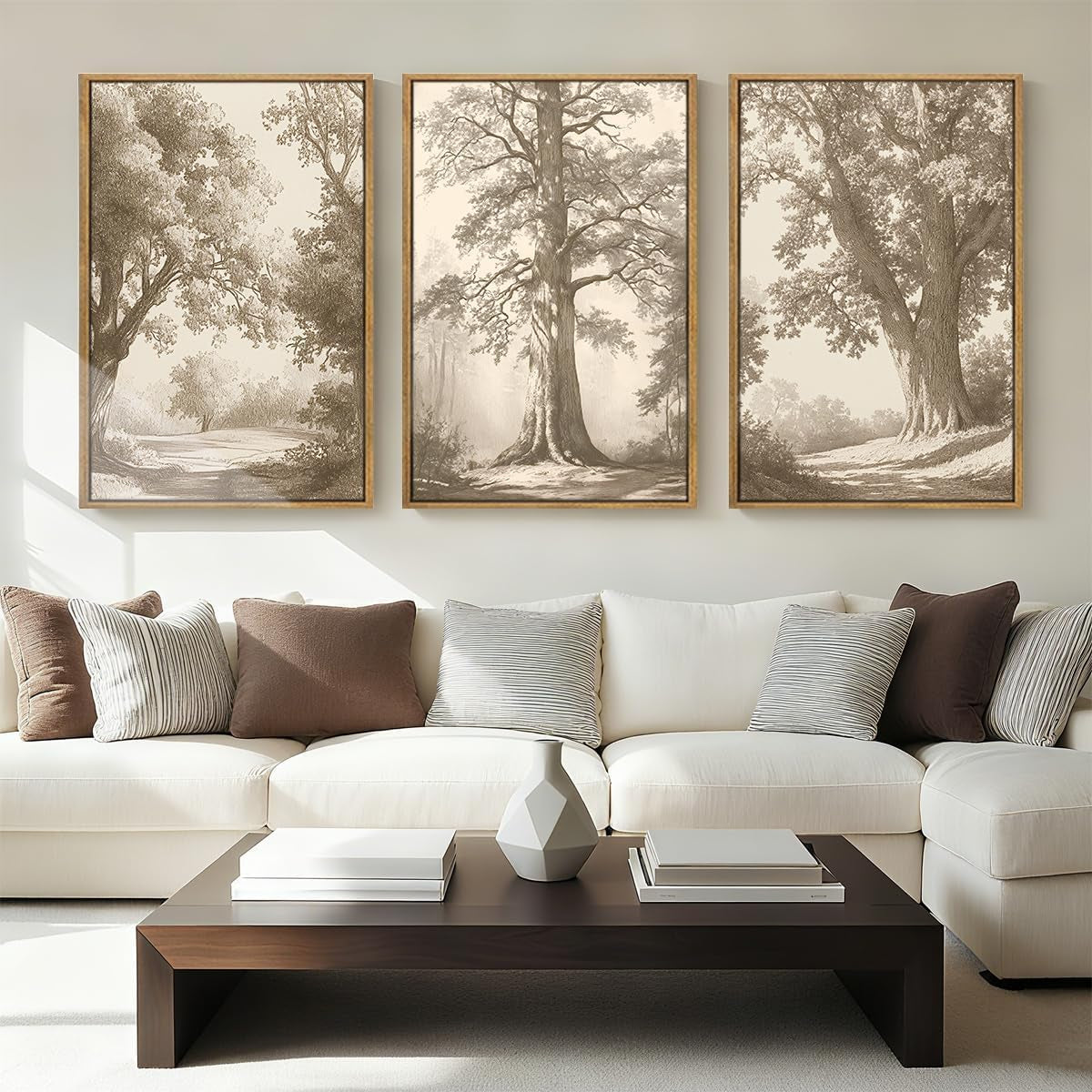 Same living room with three sepia-toned tree sketches in wooden frames hung above the sofa and coffee table.