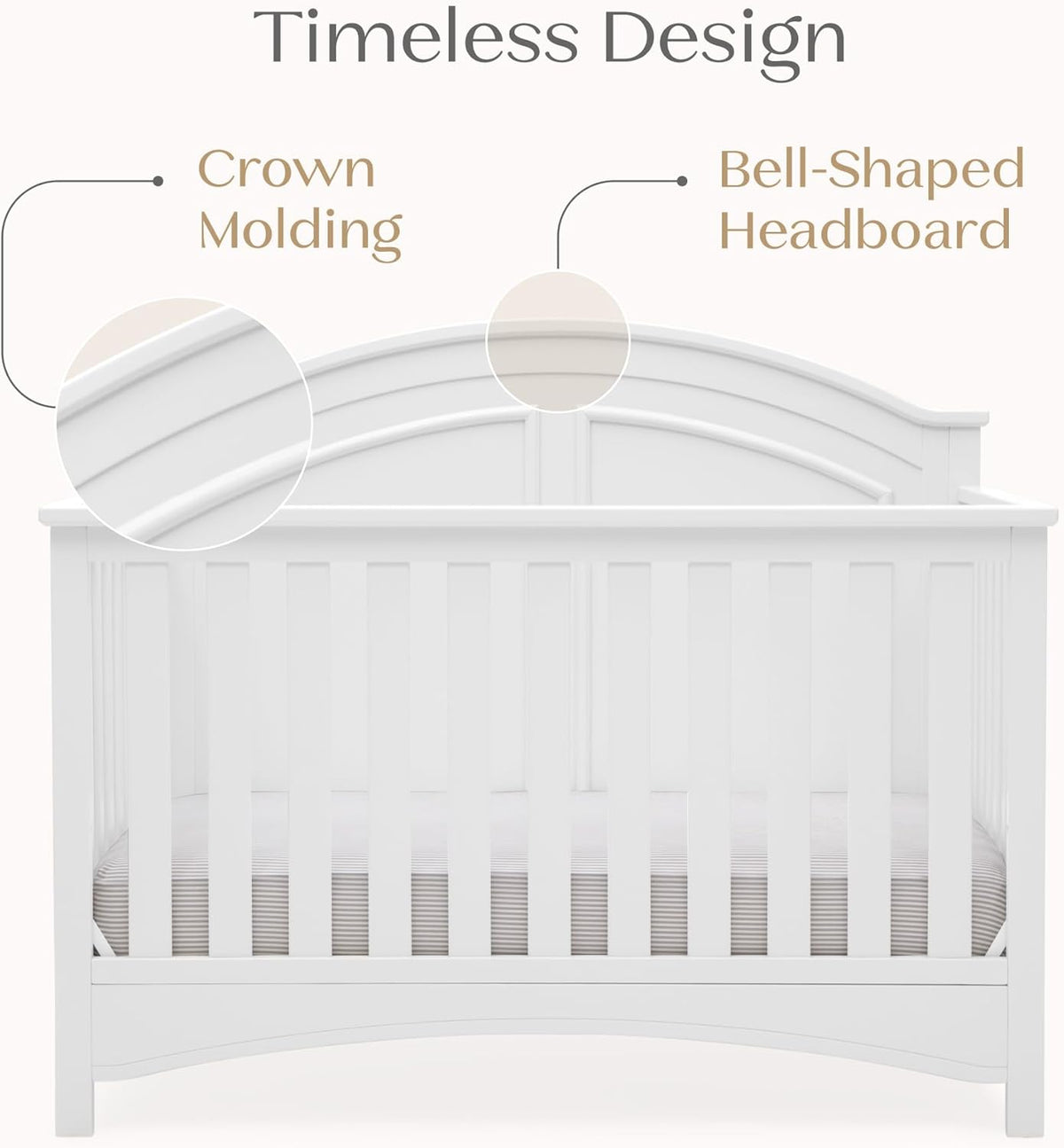 Close front view highlighting crown molding and the curved bell-shaped headboard above the crib slats