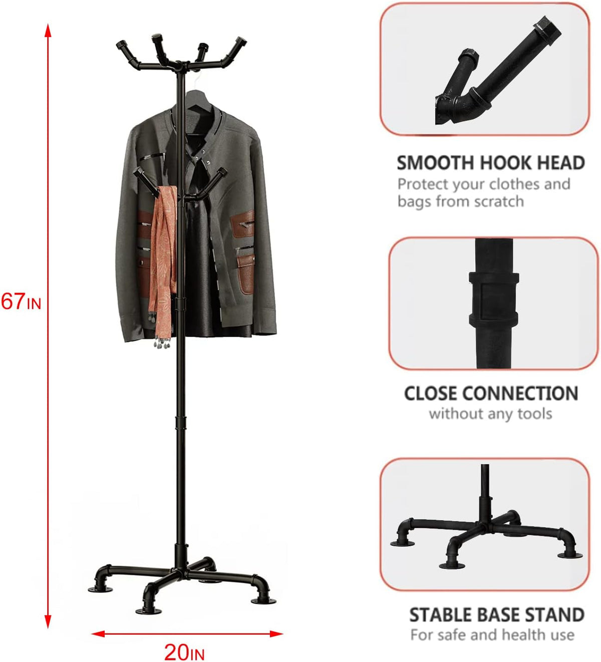 Diagram-style image of the coat rack displaying 67 in height and 20 in width with base and connection close-ups