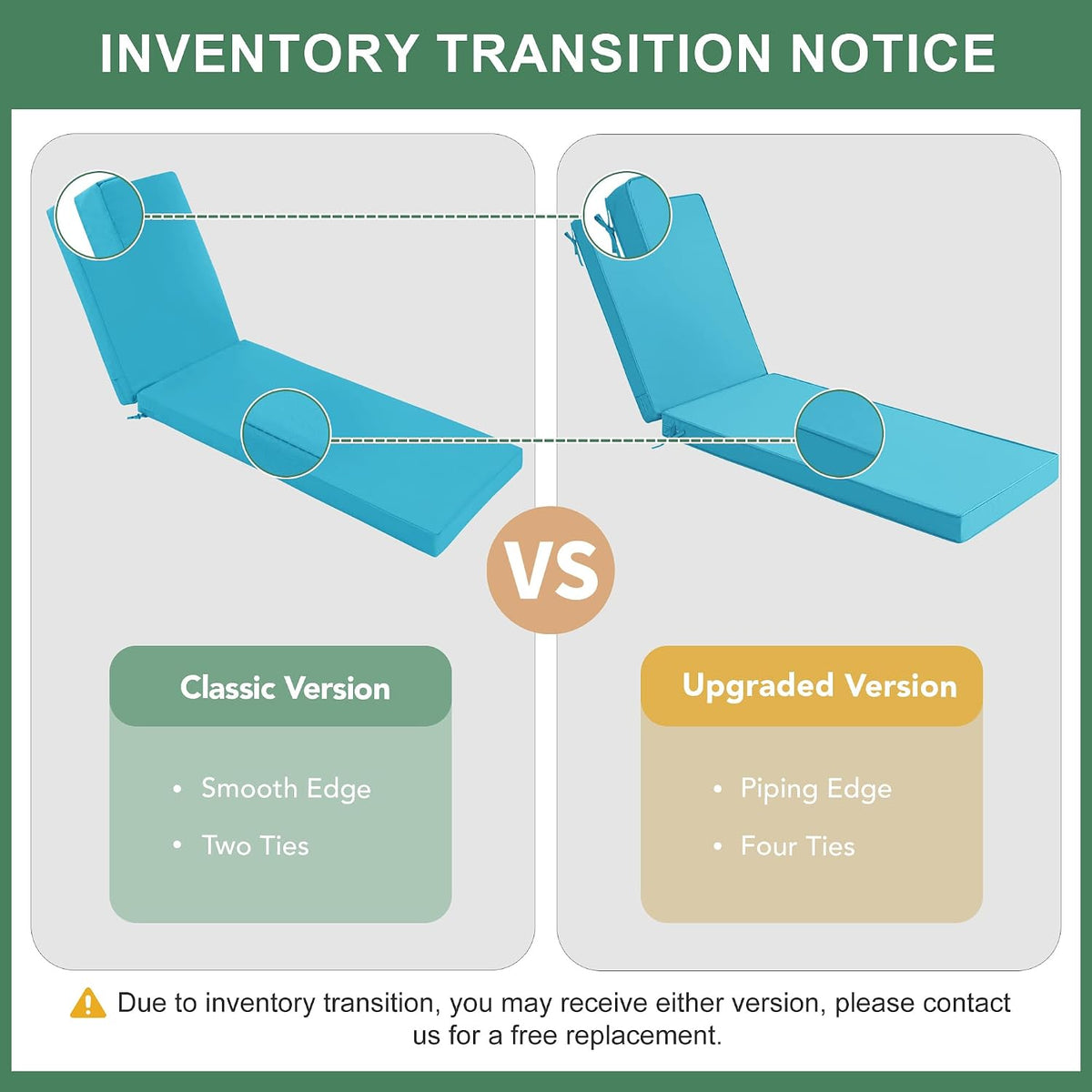 Split infographic comparing two chaise cushion versions with magnified edge details.