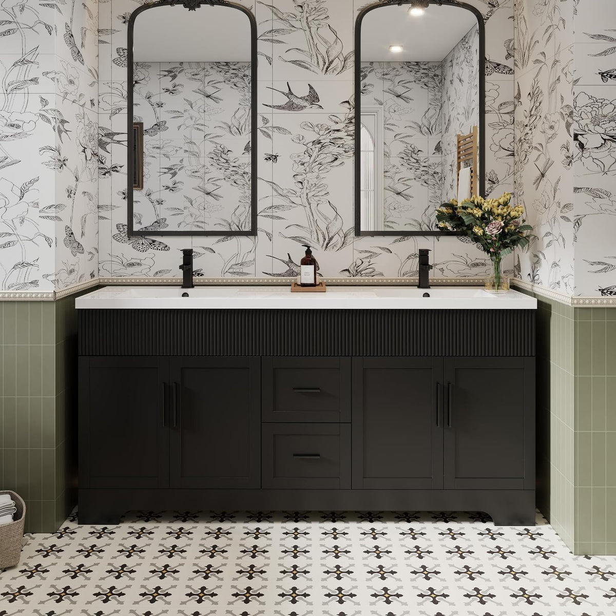 Front view of a black double-sink vanity with white countertop, two arched mirrors and floral wallpaper.