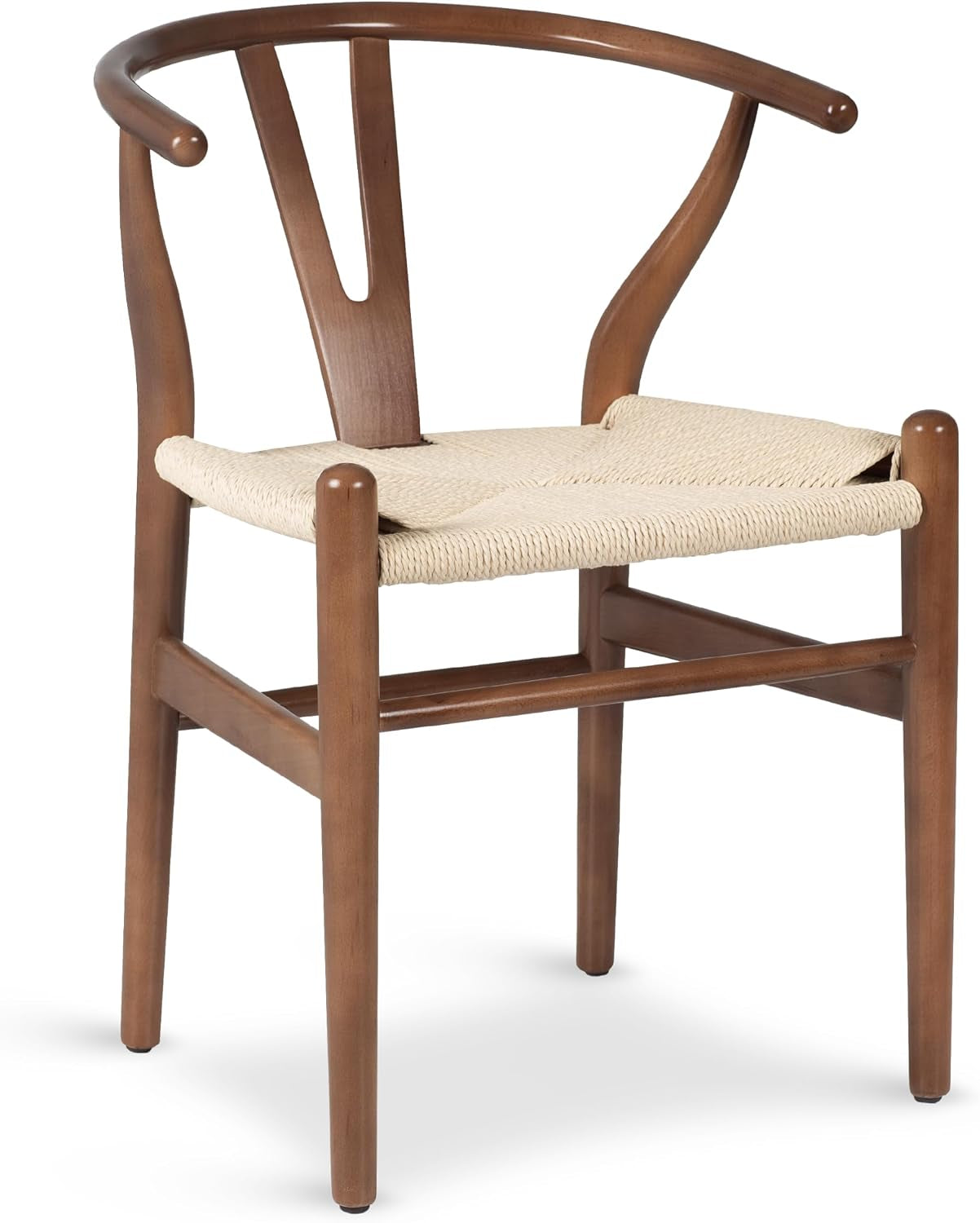 Three-quarter front view of a warm oak-finish wishbone-style dining chair with woven natural seat.