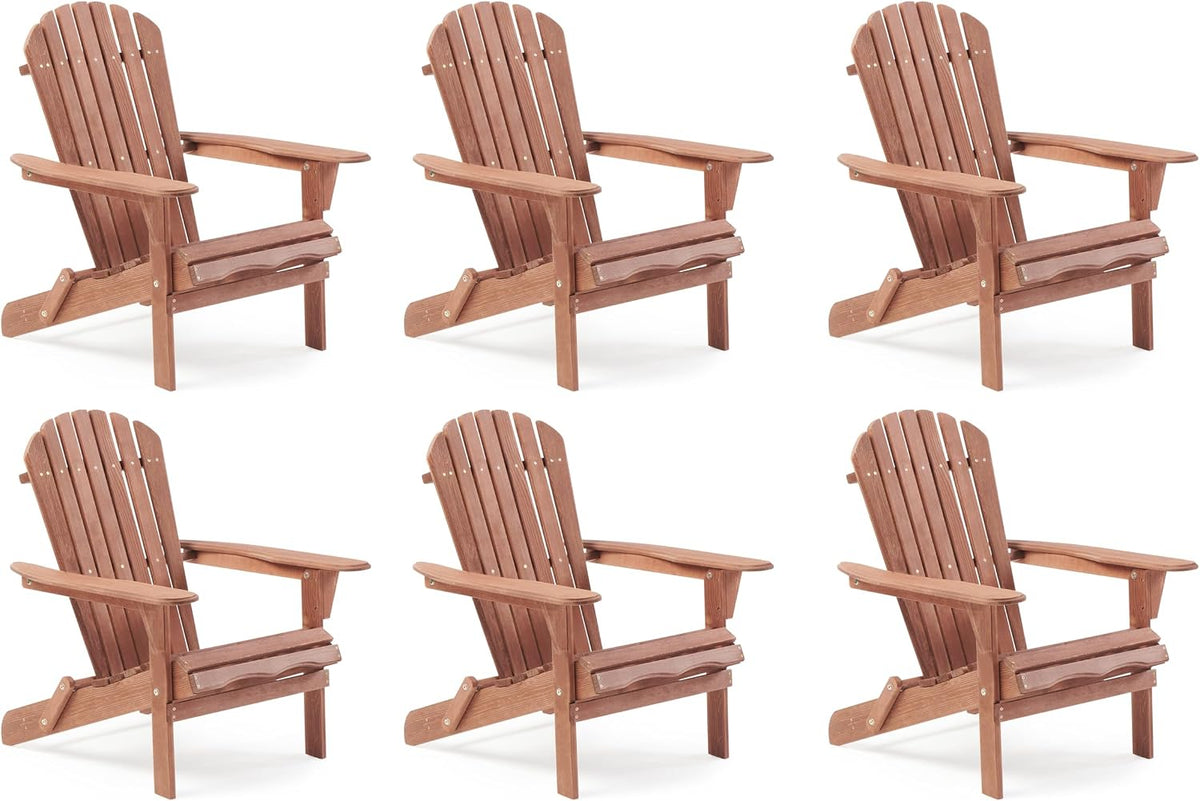 Six reddish-brown stained Adirondack chairs shown in a repeating grid on a white background, three-quarter front angle.