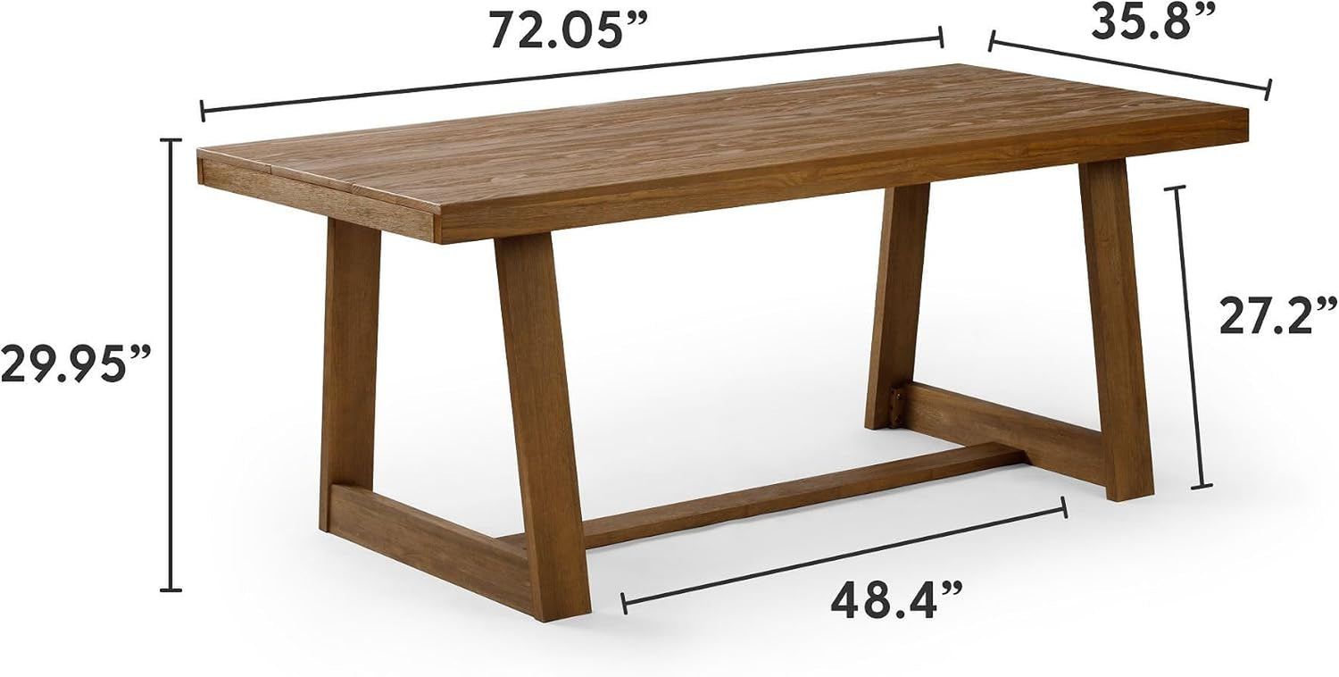 Dining table with dimensional measurements overlaid showing 72 inches length and leg spacing