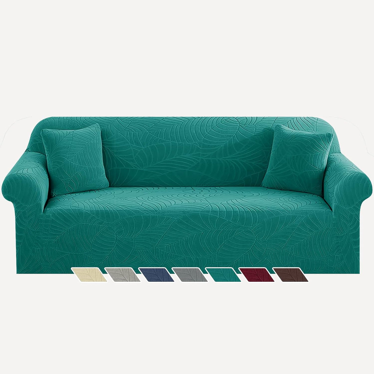 Three-cushion sofa covered in teal textured slipcover with two matching pillows and color swatches below