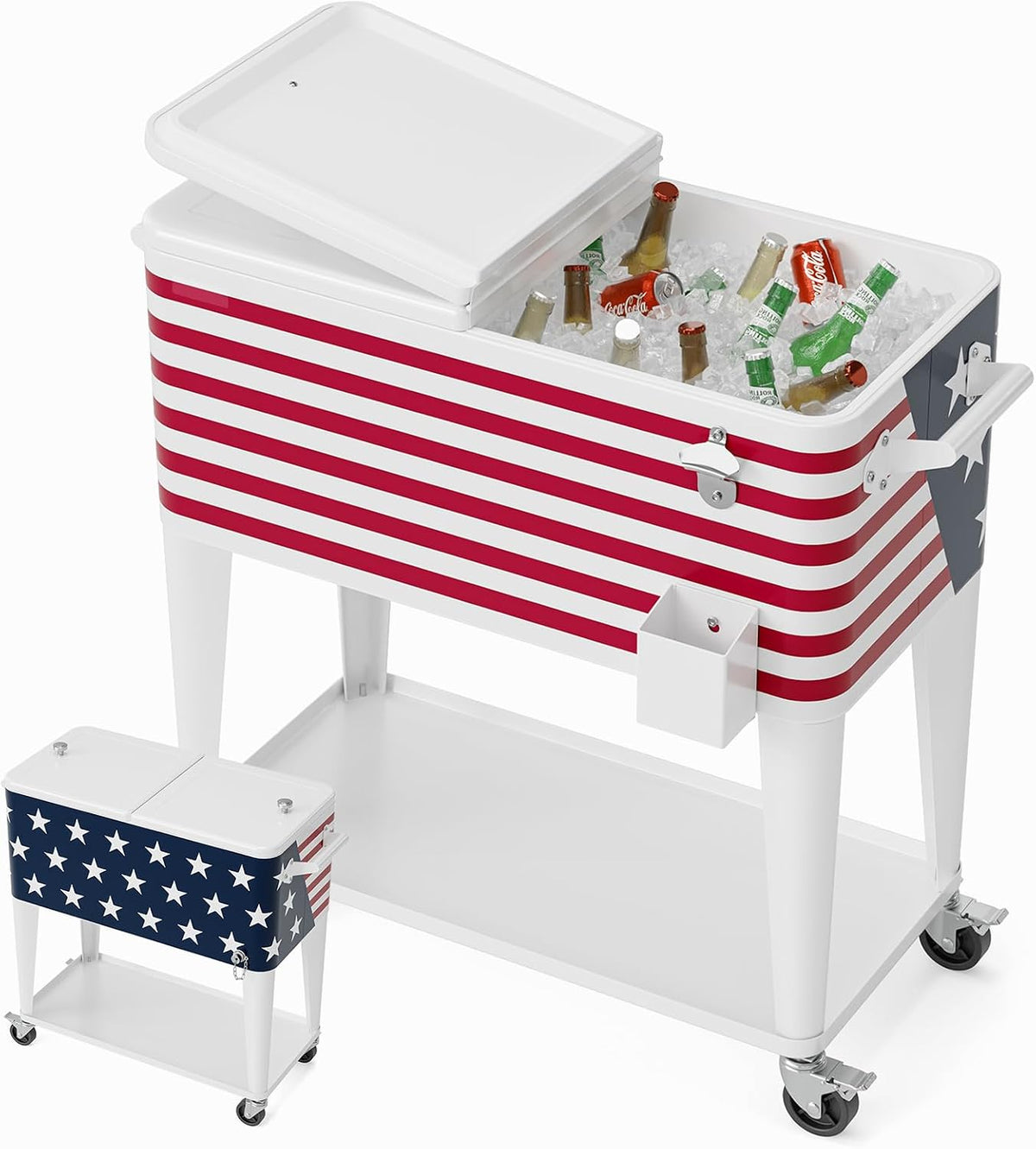 Patriotic striped rolling cooler cart with stars and stripes design, open top filled with ice and bottles.