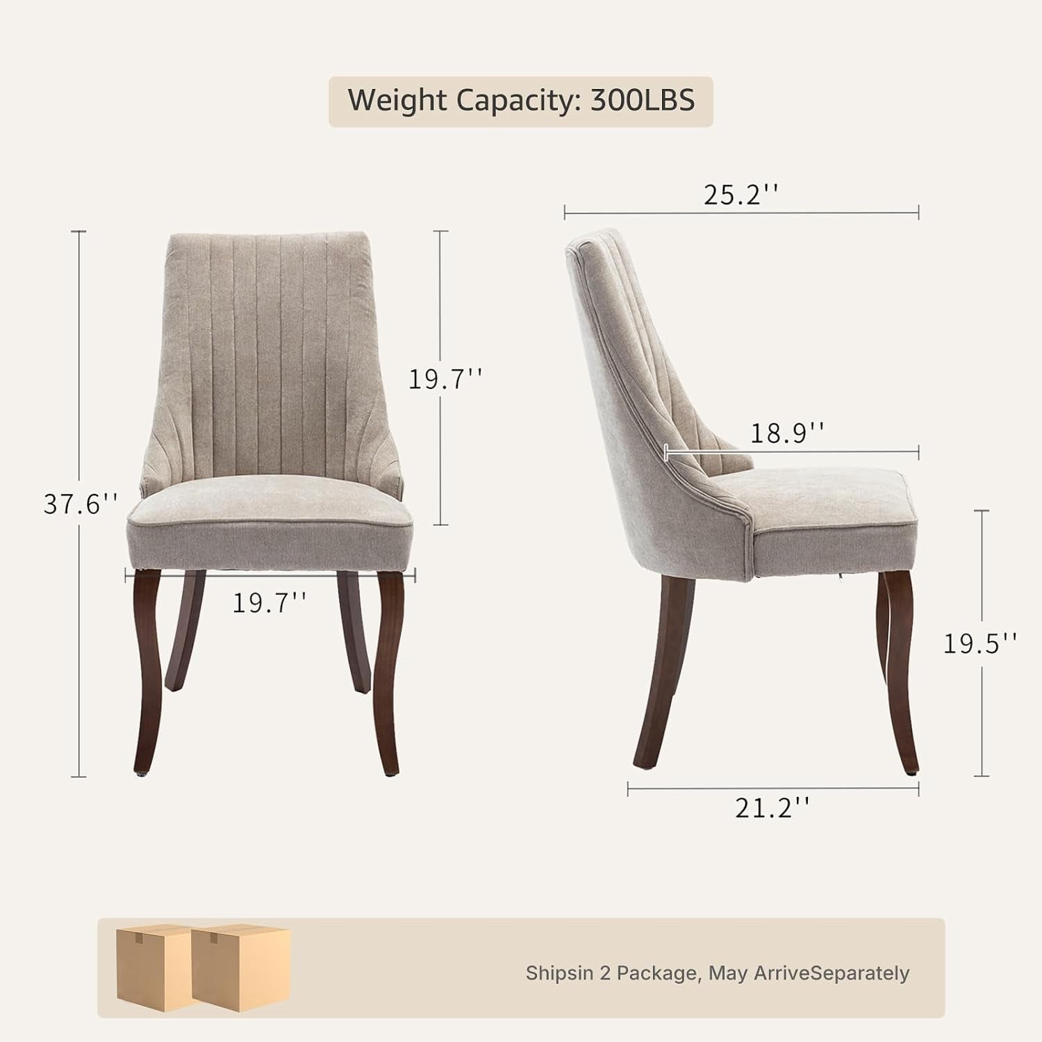 Front and side profile diagram of the chair showing proportions and a printed weight capacity label