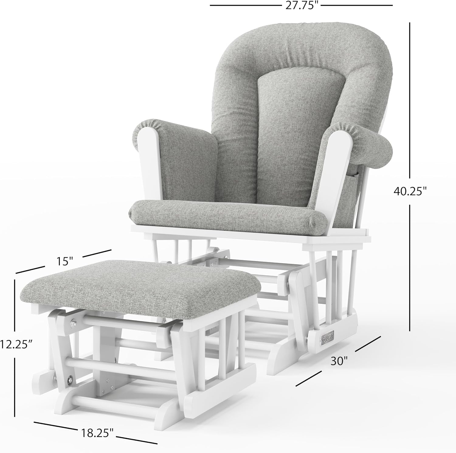 Front three-quarter view of the glider and ottoman with dimension lines and measurements overlaid