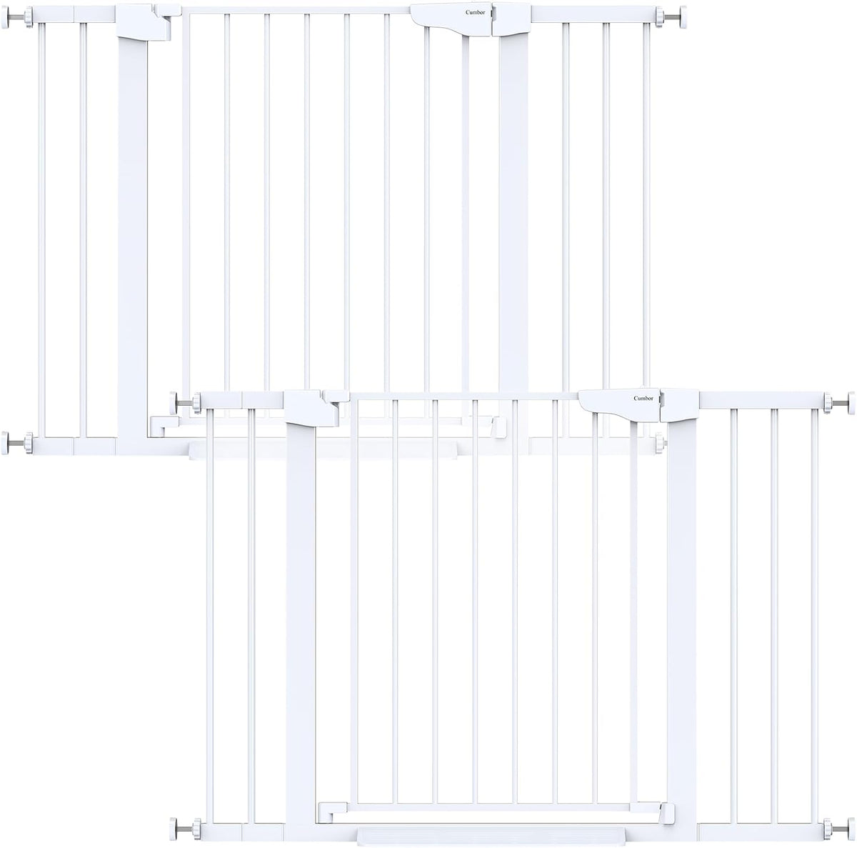 White safety gate shown flat against a white background from two overlapping angles.