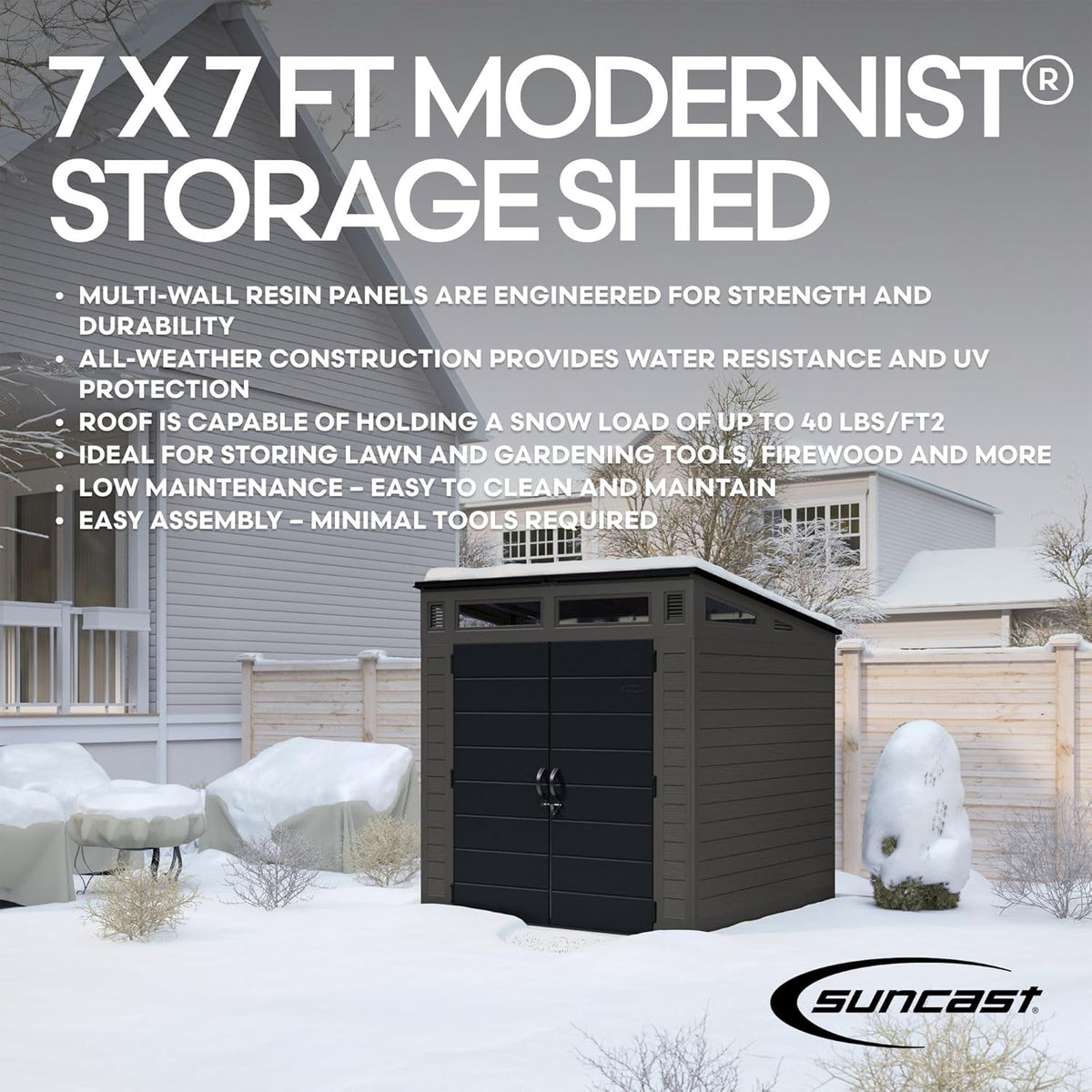 Resin storage shed set in a snowy backyard scene with sloped roof, clerestory windows and fenced yard backdrop