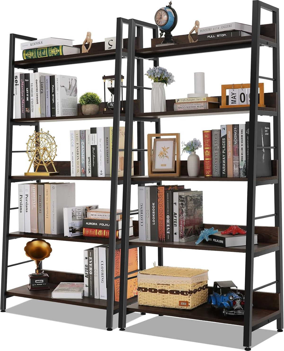 Angled product view of two ladder bookcases side-by-side with dark walnut shelves and black metal frames, styled with books