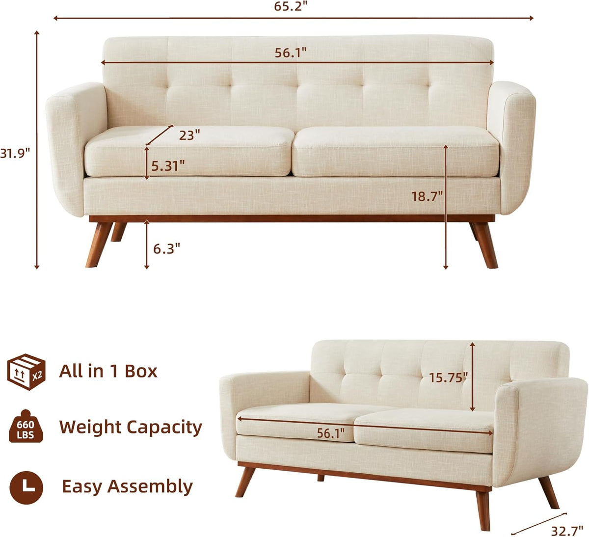 Front-facing sofa image with arrows and measurements indicating overall width, seat depth and height.